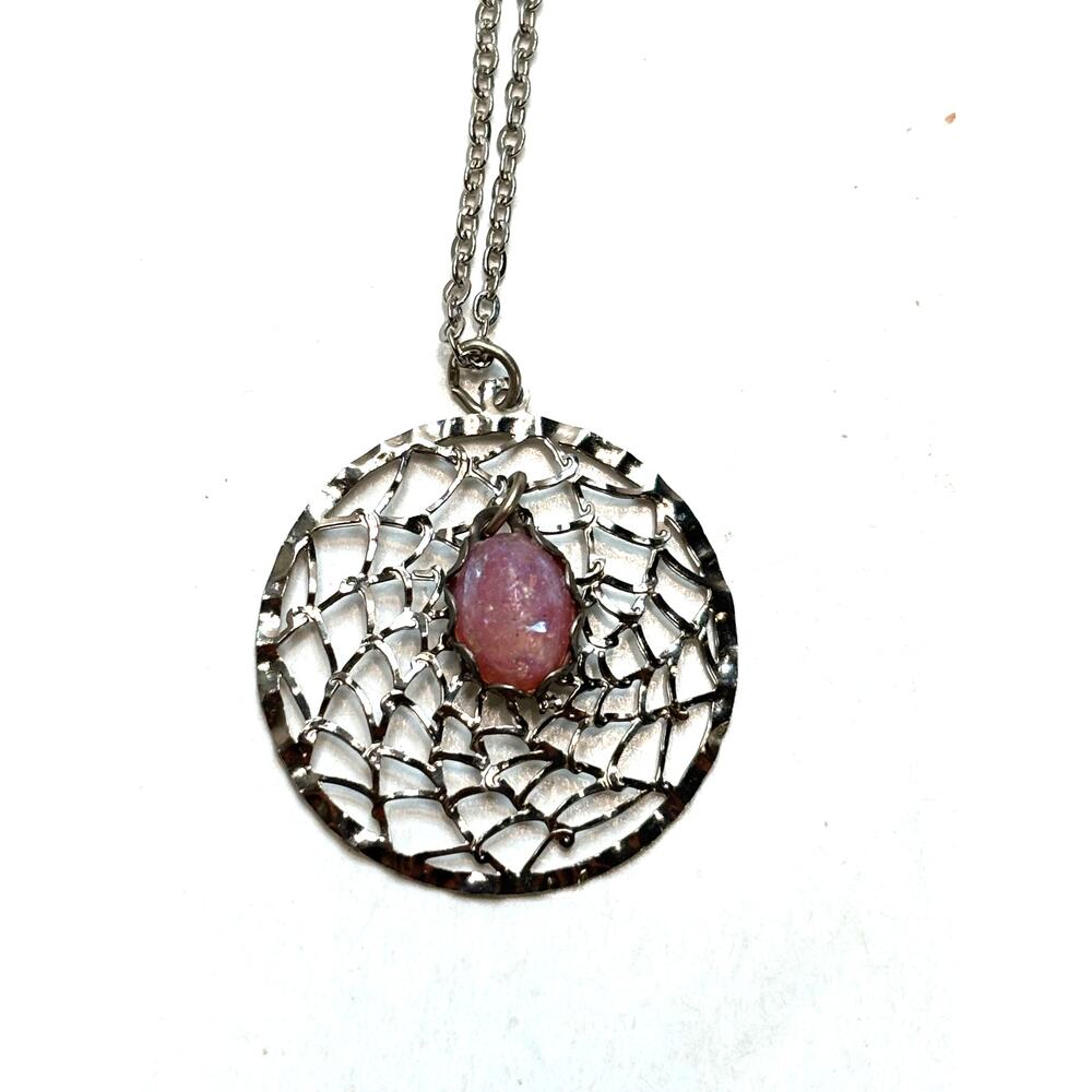 Knit Silver Tone Dreamcatcher Spider Web Pendant Necklace w Pink Accent Stone